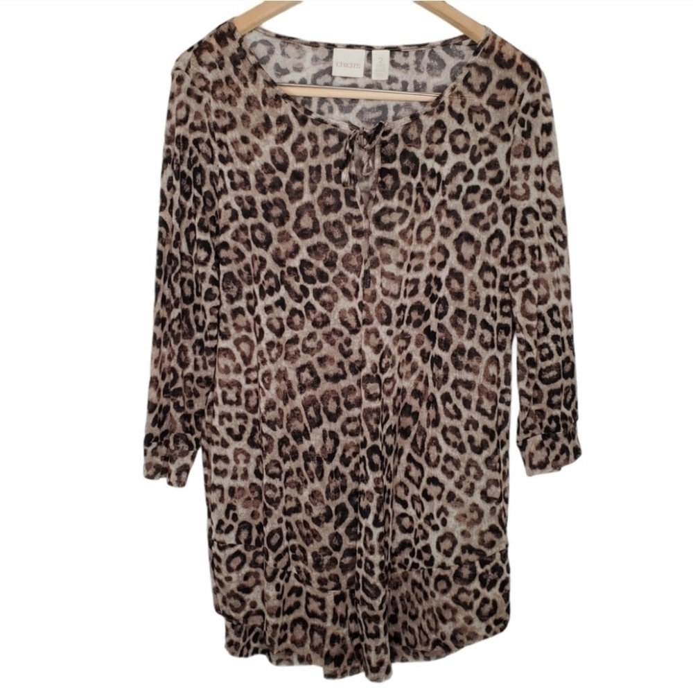 Chicos Leopard print sheer Top Tunic waterfall hem Career Contemporary - Picture 2 of 12